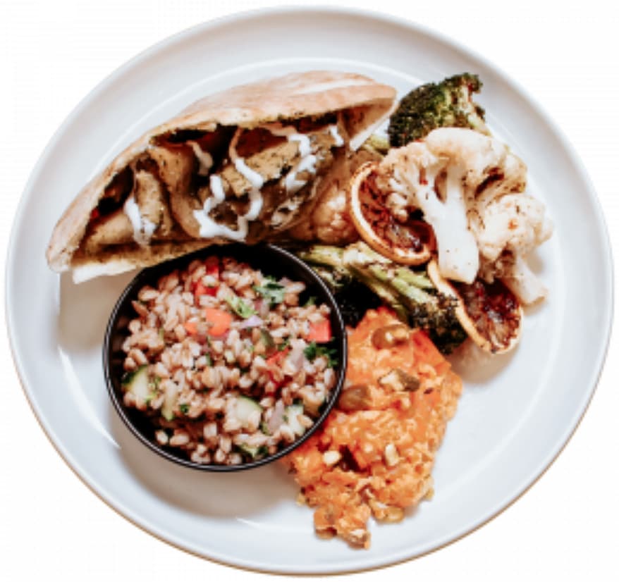 Plate filled with a gyro and Mediterranean food.