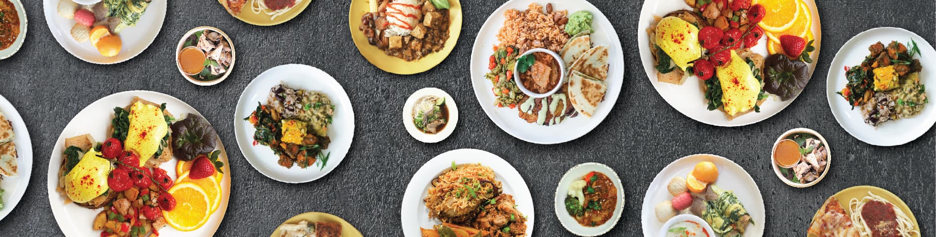 plats with various types of food and meals on them